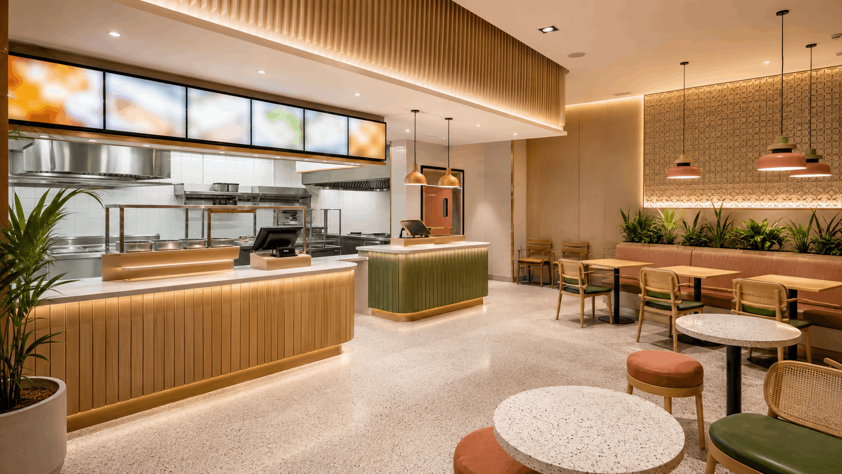 QSR counter with bright task lighting over the service line and colourful decorative pendant fixtures above the seating area